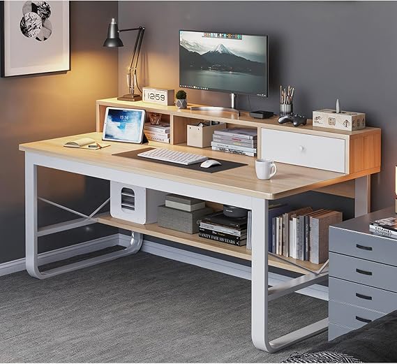 Computer Desk with Drawer and Storage Shelves, Modern Student Writing Desk Study Desk Home Office Desk Compact Computer Workstation(39 Inch, Oak)