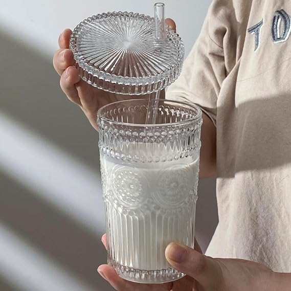 13 oz Vertical Stripe Glass Cup,Striped Glass Cups with Lids and Straws Cute Stripes Iced Coffee Glasses Drinking Glasses for Water,Iced Coffee,Milk,Tea,Juice (Sunflower Cup)