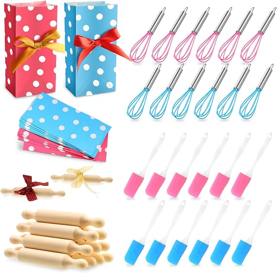 48 Pcs Kids Mini Baking Supplies with Spatula, Rolling Pin, Whisk, Gift Bags for Kids Cooking Classroom School Exchange Party Favors
