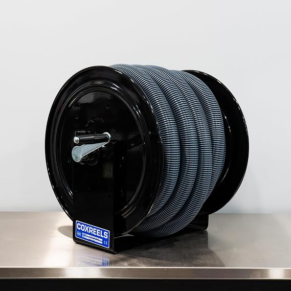 Cox Vacuum Hose Reel Black | Hand Crank | Includes 50' Vac Hose | The Clean Garage
