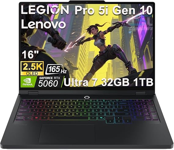 Lenovo Legion 5 Pro 5i Gen 10 Gaming Laptop (16" 2.5K OLED G-SYNC 165Hz, NVIDIA RTX 5060 8GB, Intel Core Ultra 7 255HX, 32GB DDR5 RAM, 1TB SSD), 24-Zone RGB Backlit, Wi-Fi 7, 5MP Webcam, Win 11 Home