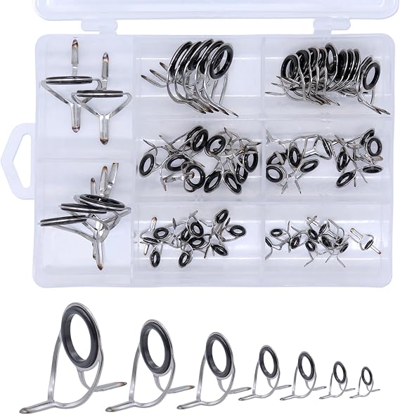 90pcs 9 Sizes Fishing Rod Guide Tip - Spinning Eyes Rings Top Guides 60Pcs, Silver Integrated All Stainless Steel Bait Casting Rod Repair Kit