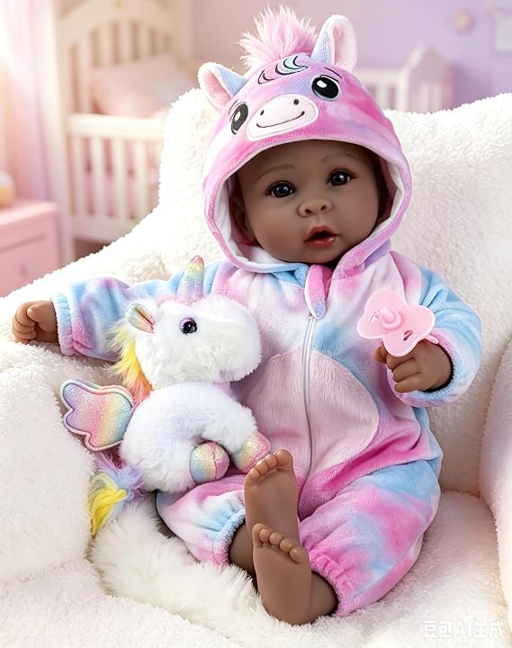Aori Lifelike Baby Doll 17 Inch Black Real Doll in Colorful Pony Outfit