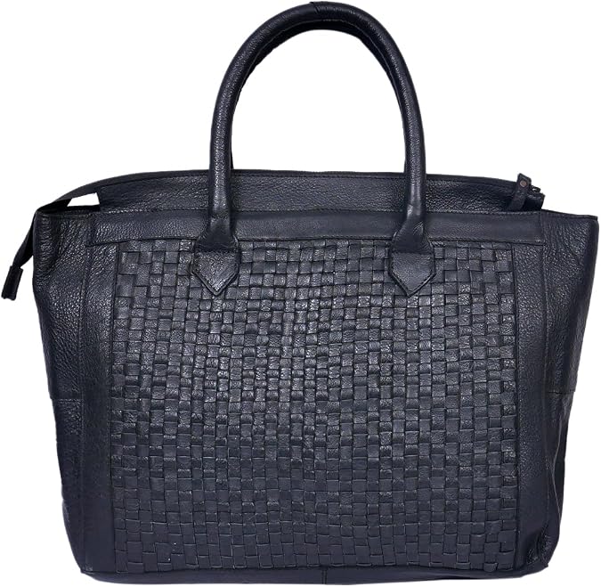 Celtic Genuine Leather Tote Bag Black with Woven Front, Zip Closure & Dual Carry Handles