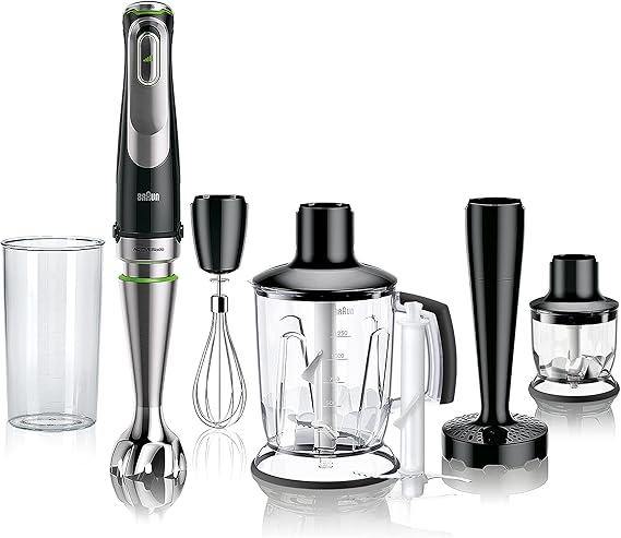 Braun MultiQuick 9 MQ Hand Blender - with Active PowerDrive and SplashControl incl. Masher Vegetable Masher Blender Chopper & Whisk 1200 Watt Black/Stainless Steel