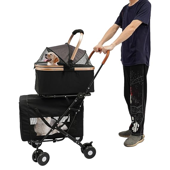 Foldable Stroller for 2 Dogs & Cats, Double Pet Stroller for Dogs and Cats with 2 Detachable Carriers, Easy Assembly Double Dog Strollers One Hand Foldale Kittens Puppies Travel Strolling Cart Black
