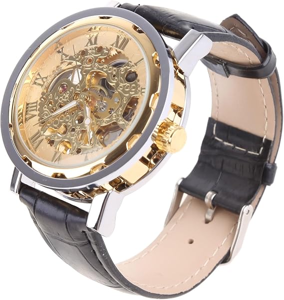 Men's Black Leather Gold Skeleton Mechanical Sport Wrist Watch