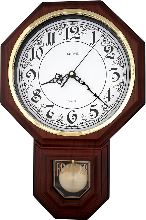 JUSTIME Pendulum Wall Clock with Westminster Chime, 17.5" Large Regulator Schoolhouse Wall Clocks Battery Operated, Vintage Chiming Clock with Nighttime Auto Shut-Off, Wall Decor for Living Room