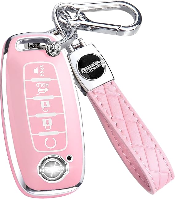 Key Fob Cover for Nissan with Keychain Accessories, Premium Soft TPU Full Protection Key Case for 2023 2024 Rogue Pathfinder Versa 2025 Sentra Patrol Armada Smart Key Shells (5 Buttons,Pink)