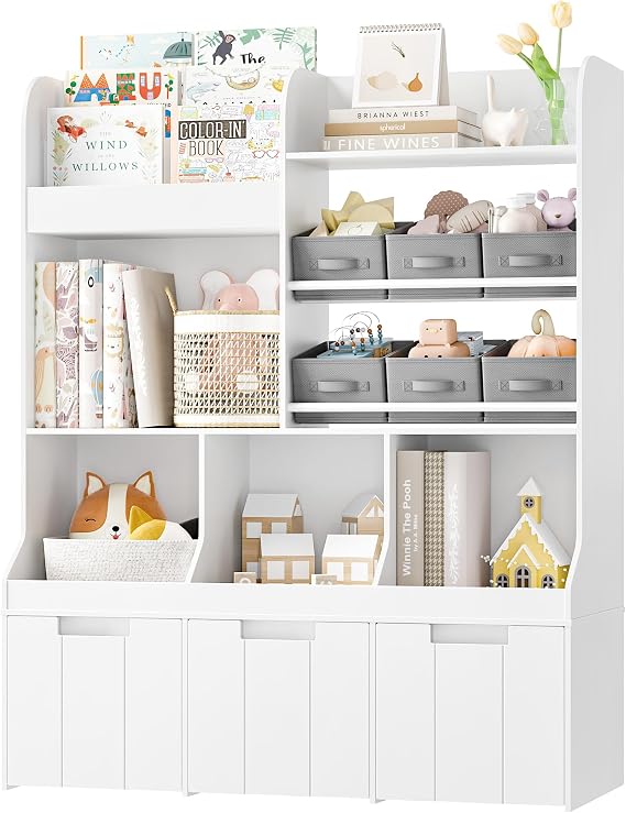50.2" H Kids Bookshelf with Toy Storage Organizer Painted Surface | Toy Storage Chest with 3 Movable Chest & 4 Storage Cubbies, Kids Bookshelf for Playroom, Classroom, White