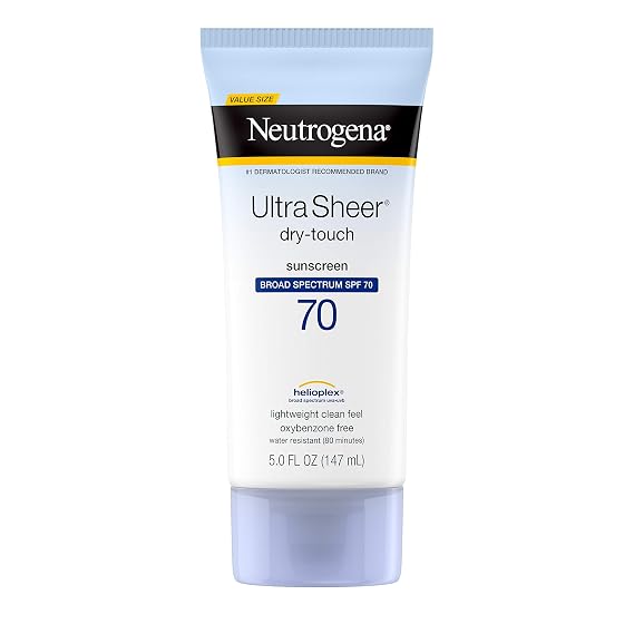 Neutrogena Ultra Sheer Dry-Touch Sunscreen Lotion, Broad Spectrum SPF 70 UVA/UVB Protection, Oxybenzone-Free, Light, Water Resistant, Non-Comedogenic & Non-Greasy, 5 fl. oz