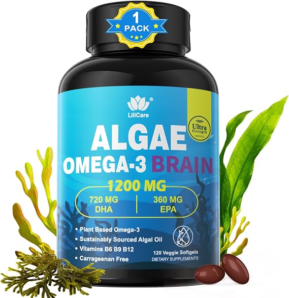 Vegan Omega 3 Algae Oil Supplement, Plant-Based EPA & DHA Fish Oil Alternative with Methylated B12, B6, B9, Vitamin E - Vegan Softgels for Brain, Energy, Immune Support for Women & Men,120 Count