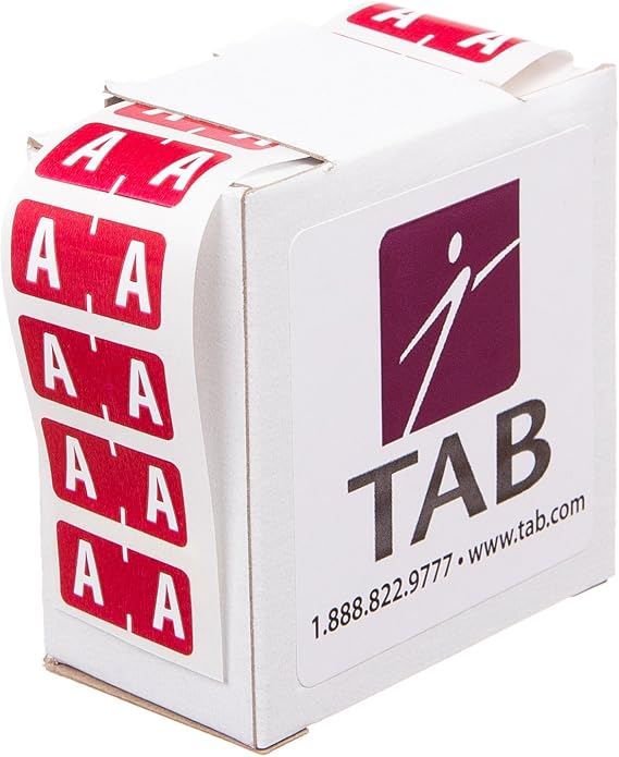 TAB Alphabetic Folder Label Roll, A, Red, 1/2", 500 Labels/Roll