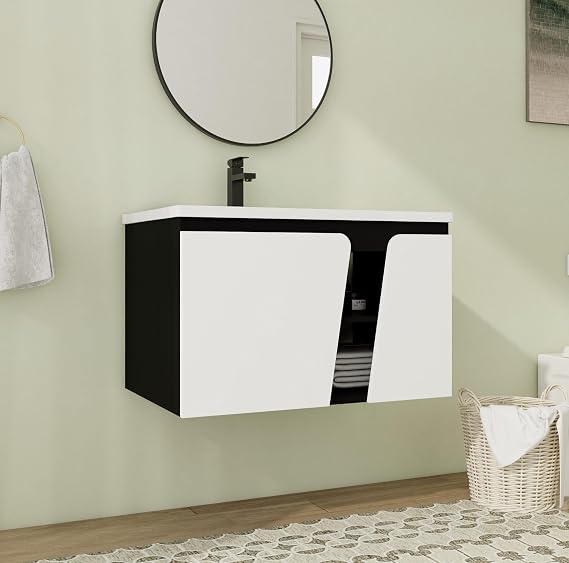 32" Floating Bathroom Vanity with Sink Black White Wall Mounted Combo