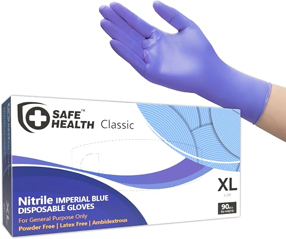 Safe Health Nitrile Disposable Gloves, 3.5 Mil, Imperial Blue, Powder Free, Latex Free, Tattoo, Beauty, Salon, Car