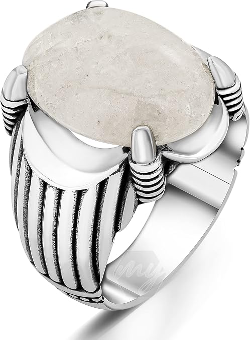 Solid 925 Sterling Silver Natural Oval Moonstone Men's Ring