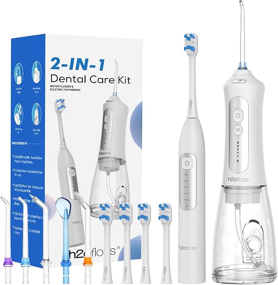 H2ofloss Electric Toothbrush and Water Flosser Combo, 2-in-1 Oral Kit | Rechargeable 2000mAh Toothbrush & 2500mAh Oral Irrigator, 300ml Tank, 4 Brush Heads, 5 Nozzles for Home & Travel, White