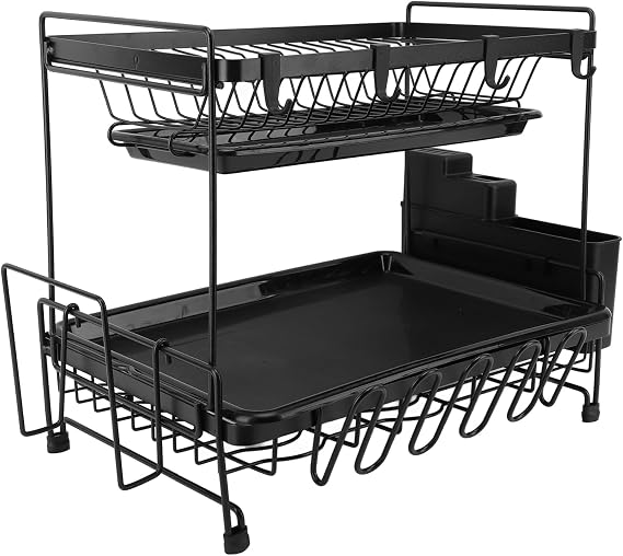 Dish Drying Rack Foldable Large Capacity, Sturdy Iron Plastic Dish Drainer Rack with Utensil Holder for Countertop Organizer