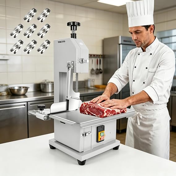 Electric Meat Bone Saw 1000W, 0.04"-8.0" Adjustable Slice Thickness, Stainless Steel Frozen Meat Cutting Machine, 700 LBS/H High Speed Used for Cutting of Ribs and Pig Trotters