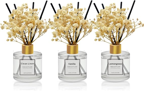 Reed Diffuser Set of 3 Pack,Clean Linen,Vanilla,Lemongrass Scented Oil Diffuser with 4 Sticks,Reed Diffusers for Home,Living Room,Bathroom Air Freshener Diffuser,50ml x 3
