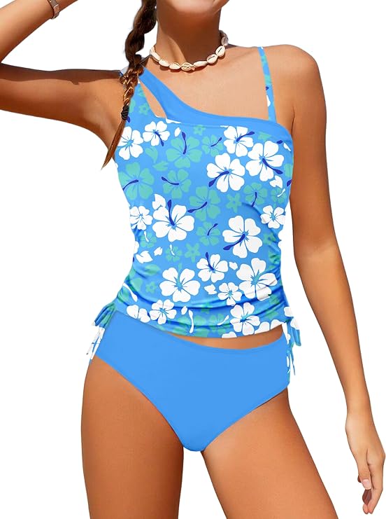AGAPENG Girls Swimsuit Two Piece One Shoulder Tankini Floral Print Drawstring Swimwear Set 7-14Y