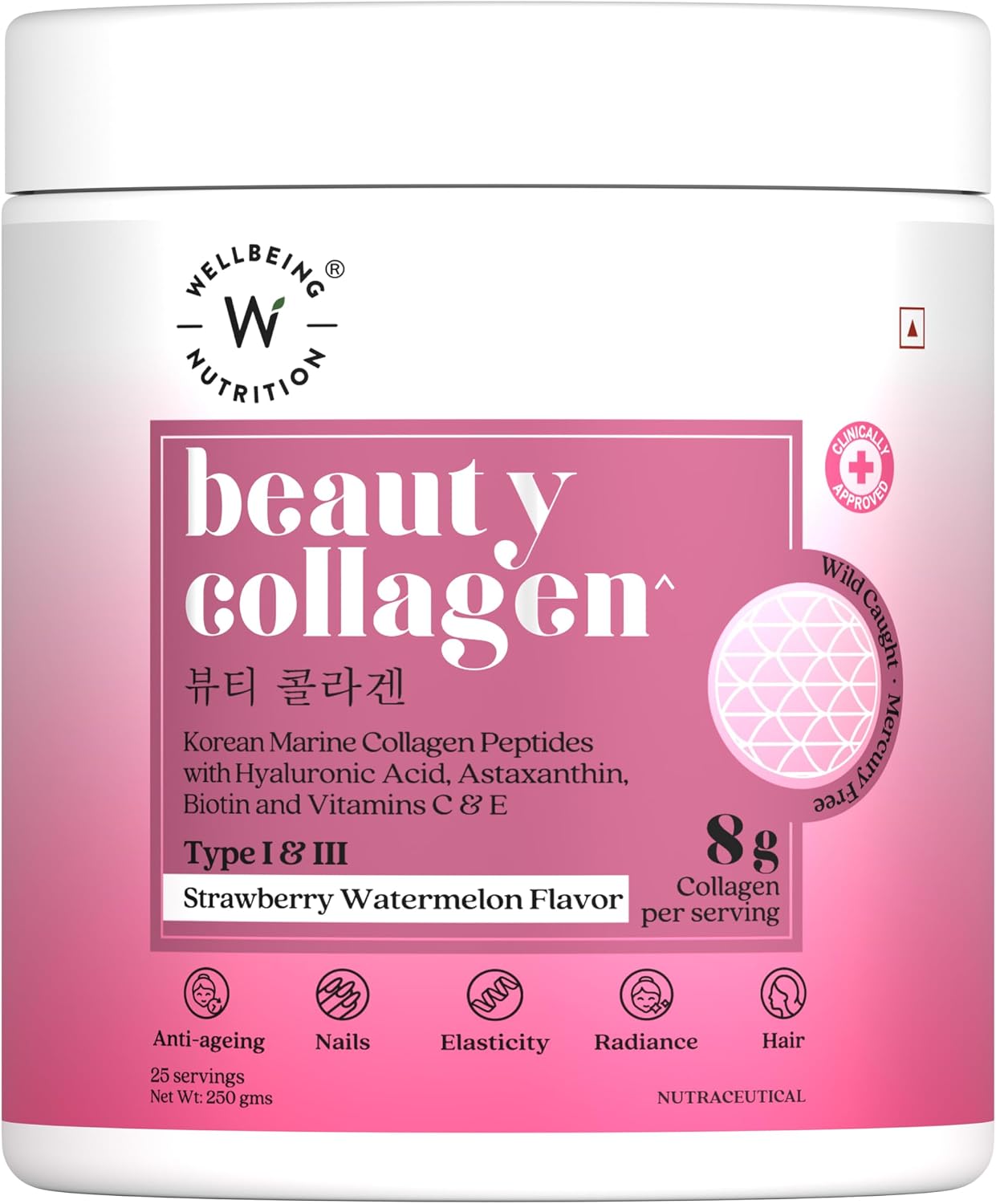 Wellbeing Nutrition Beauty Collagen with Hyaluronic Acid | Collagen Supplements for Women & Men | Collagen Powder with Biotin and Vitamins for Skin Radiance & Anti-Aging | 250g-Strawberry Watermelon