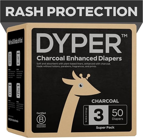 DYPER Charcoal Enhanced Diapers | Baby Diapers from Plant-Based* & Honest Materials | Day & Overnight Diapers | Disposable Diapers for Sensitive Skin (Size 3, 50, Count)
