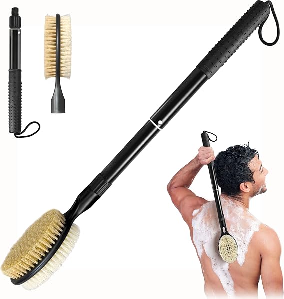Gobiteli Back Scrubber with Soft and Stiff Bristles, 17''-25'' Long Handle Dual-Sided Shower Brush for Body for Deep Cleaning