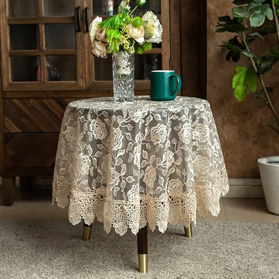 SUTAVIA Embroidered Tablecloth 33" Round Rose Lace Gold