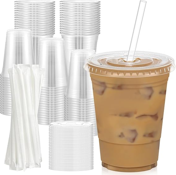 Dealusy 100 Pack - 16 oz Clear Plastic Cups with Lids and Straws