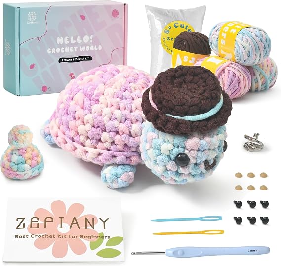 Zepiany Crochet Kit for Beginners, Amigurumi Beginner Crochet Kit for Adults, Crochet Turtle Crocheting Kit, Cute Crochet Animals Knitting Kit with Step-by-Step Video, Crafts Kits for Adults