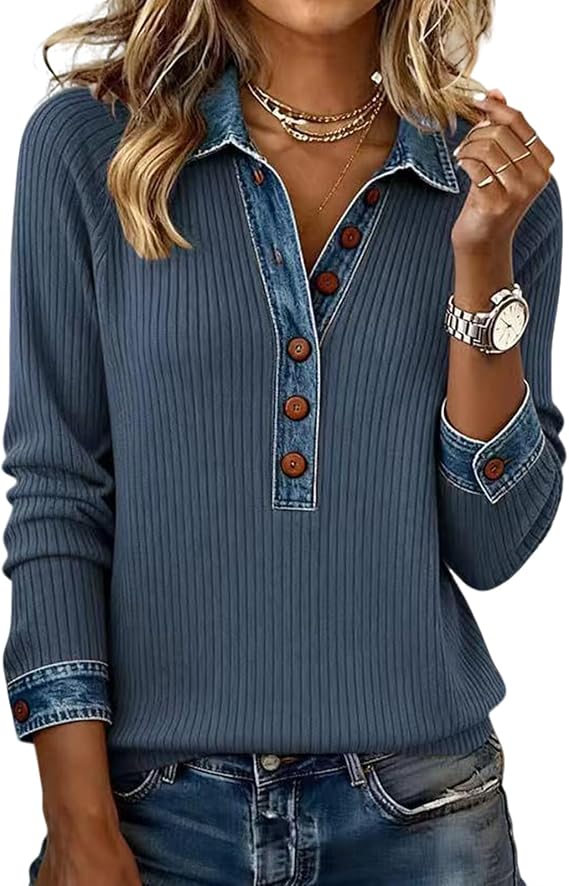 Womens Oversized Polo Sweater Long Sleeve Button Up Denim Sweatshirt Pullover Tops Tunic Collared Sweaters