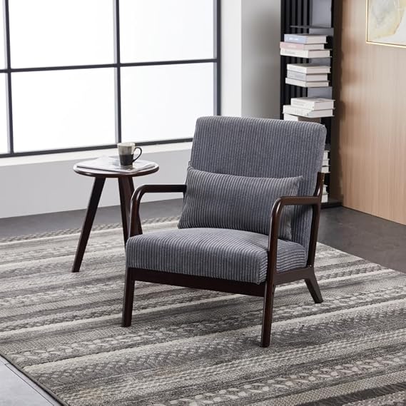 Mid Century Modern Accent Chair and Coffee Table Set Vintage Luxury Style Leisure Chair Antique Dark Gray with Walnut Tone Table for Living Room Bedroom