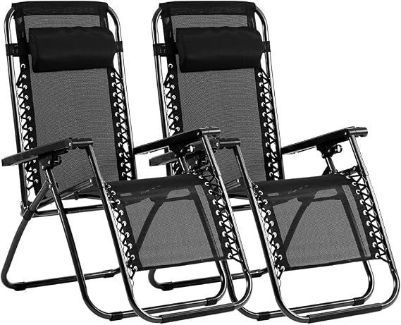 Zero Gravity Chair Patio Lounge Recliners Set of 2 Adjustable Lounge Outdoor Chairs with Pillows for Backyard, Poolside, Garden, Pool, Beach, Lawn, Deck,Yard - Black