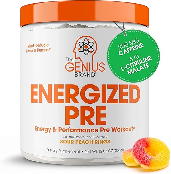 The Genius Brand Genius Energized Pre - Long-Lasting Energy Supplement for Healthy Mind, Endurance, Focus & Muscle Support - Non-GMO - Sour Peach Rings - 20 Servings
