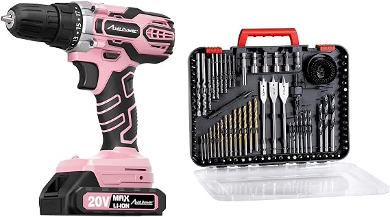 AVID POWER 20V MAX Cordless Drill Kit, 2 Variable Speed and 19 Position(Pink) bundle with 100Pcs Drill Bit Set