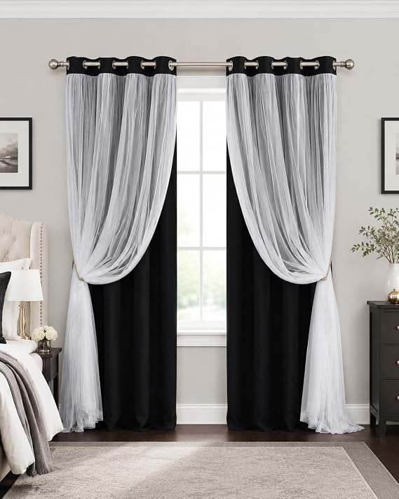 PONY DANCE Black Blackout Curtains with White Sheer for Bedroom/Living Room, Fancy Elegant Double Layer Curtains 84 Inches Long, Gothic Style Decorative Layered Window Drapes, 2 Panels, 52W x 84L