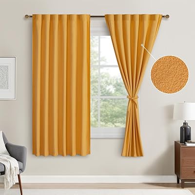 DWCN Velvet Curtains Room Darkening Back Tab and Rod Pocket Window Panels, Light Blocking Tieable Drapes for Bedroom Living Room Baby Nursery, W52 x L63, 2 Panels, Mustard Yellow