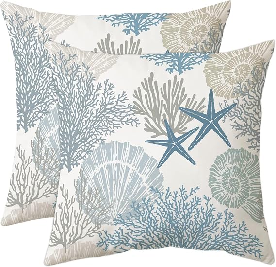 Coastal Pillow Covers Set of 2, 18x18, Blue | Soft Velvet Touch, Beach Nautical Starfish Ocean Themed, Decorative Pillow Cases for Bedroom Living Room Sofa