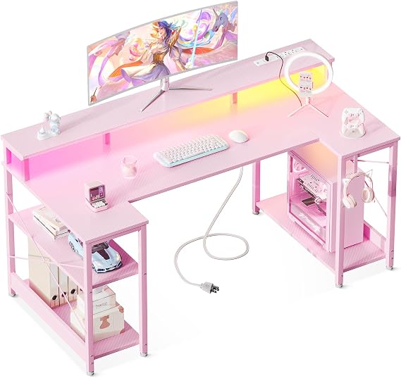 ODK 48 Inch Gaming Desk with LED Lights and Power Outlet, U-Shaped Computer Desk with Monitor Stand and Storage Shelves, PC Gamer Table for Home Office, Carbon Fiber Pink