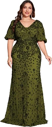Plus Size Short Sleeves Womens Sequin Evening Dress Formal Gowns Evening Glitter Mermaid Wedding Guest Dresses