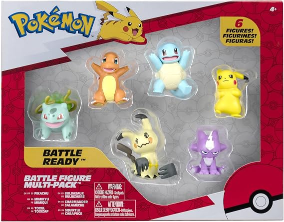 Pokemon Battle Figure 6 Pack-Features 2-Inch Pikachu, Squirtle, Charmander, Bulbasaur, Mimikyu & Toxel-Authentic Details