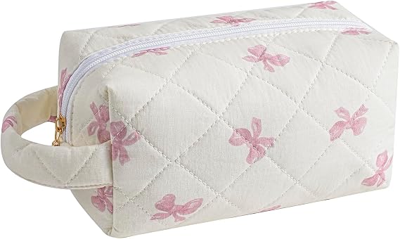 Gleyemor Cute Small Quilted Makeup Bag for Women, Floral Cotton Cosmetic Bag, Toiletry Pouch Travel Essentials Christmas Gifts (Pink Bowknot)