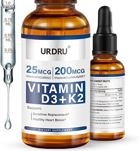 Organic Vitamin D3 K2 Liquid Drops - 1 Fl Oz Max Absorption 1,000 IU D3 & 200mcg K2 Drops for Immune & Mood, Bone & Teeth Health 30ml