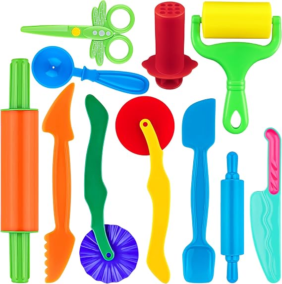 Dough Play Tools 11 PCS Basic Dough Accessories Starter Set for Kids with Pizza Cutters, Safety Scissors, Rolling Pin, Roller, Extruder, Spoon, Plastic Knife