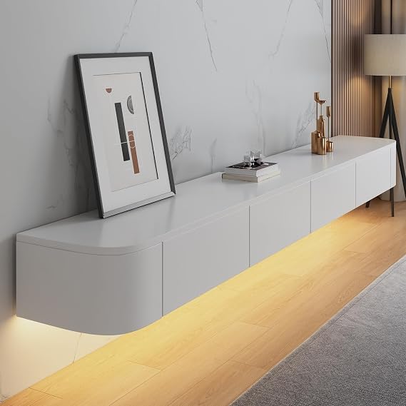 Floating TV Stand Cabinet wall mounted White Floating tv Shelves with LED light & Doors & Drawer Modern Media Entertainment TV Console Storage TV Unit for Living Room (160cm/63in)