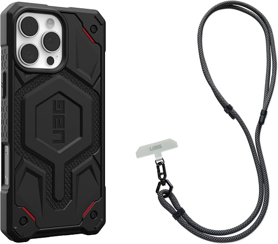 URBAN ARMOR GEAR UAG Designed for iPhone 16 Pro Max Case Monarch Pro, Compatible with MagSafe Case Bundle with Civilian Crossbody Lanyard 7mm (Kevlar Black + Graphite/Black)