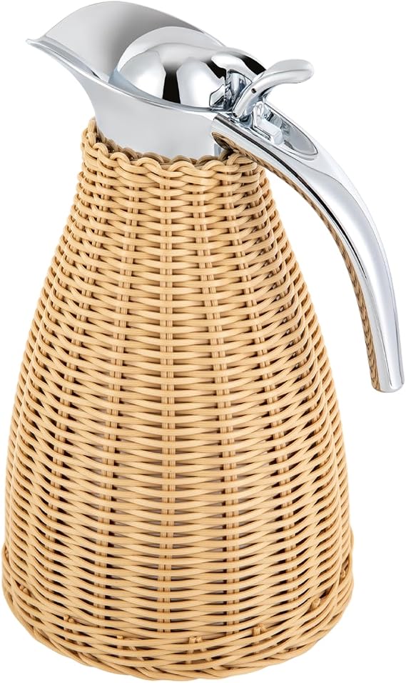Stainless Steel Coffee Thermal Jug Natural Rattan 1.5L/0.4 Gal Double Walled Vacuum Insualted Jug with Handmade Rattan Body Insulated Thermal Carafe for Hot Liquids Keeping Hot for Home Coffee Shop