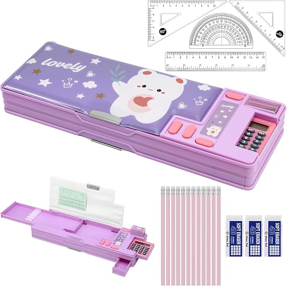 20Pcs School Supplies Stationery Set with Pop Up Multifunction Pencil Case, 4B Erasers, Rulers Set, HB Pencils, Essentials Stationary Set for Students Back to School Supplies, Purple