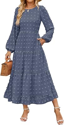 ZESICA Womens Fall Long Sleeve Maxi Dresses 2026 Crew Neck Swiss Dot Tiered Flowy A Line Wedding Cocktail Party Dress